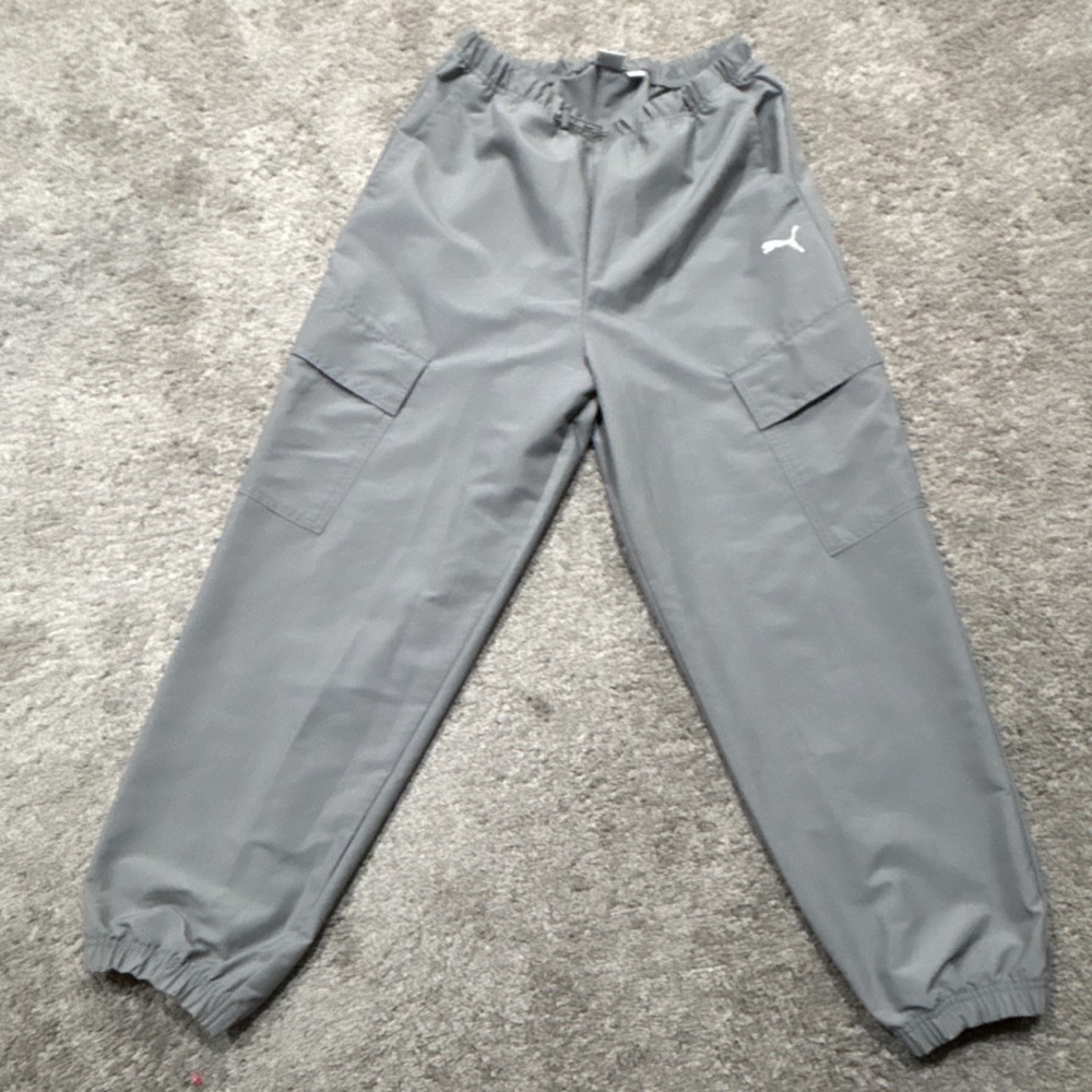PUMA Cargo Pants Gray Elastic Waist Pockets Polyester Activewear Men Size S